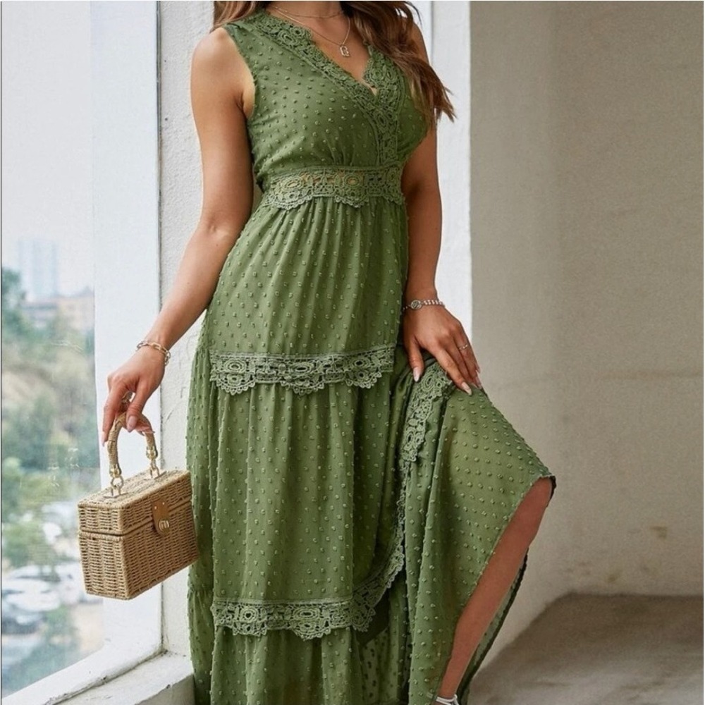 WATER LILY Lace Trim Olive Green Maxi Dress Size Medium M Tiered - Picture 5 of 16